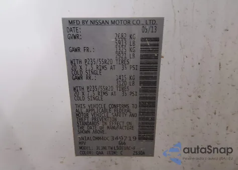 2013 Infiniti Jx35 z USA, uszkodzony, nr VIN 5N1AL0MM4DC349719